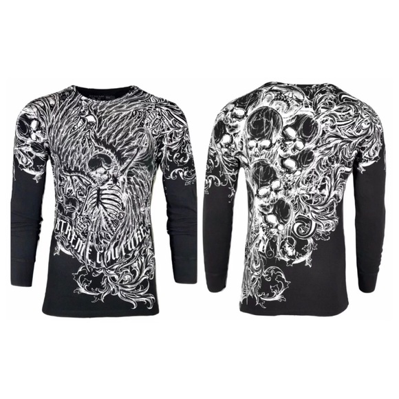 Xtreme Couture by Affliction Men's Thermal Shirt ACCUSER Skull Biker MMA Black - Picture 2 of 8